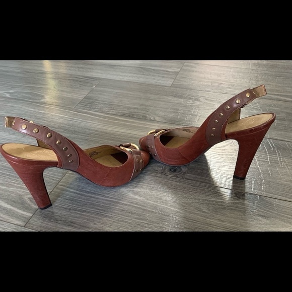 Jessica Simpson leather brown peep toe retro sling back career work heels 9.5B - Picture 4 of 12